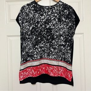 ELLEN TRACY High Low Blouse Crew Neck Black Red Stretchy Soft Size Small